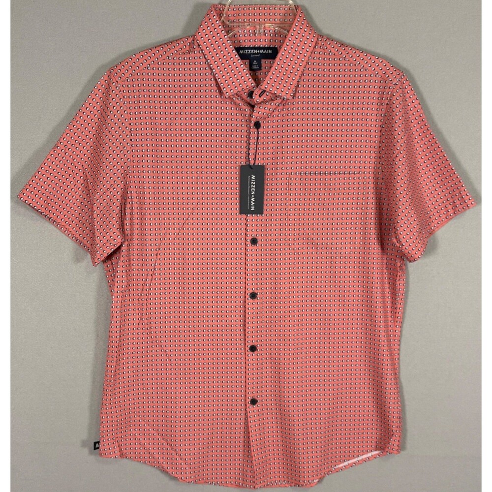 NWT Mizzen Main Leeward Shirt Mens M Pink White Geometric AOP Performance